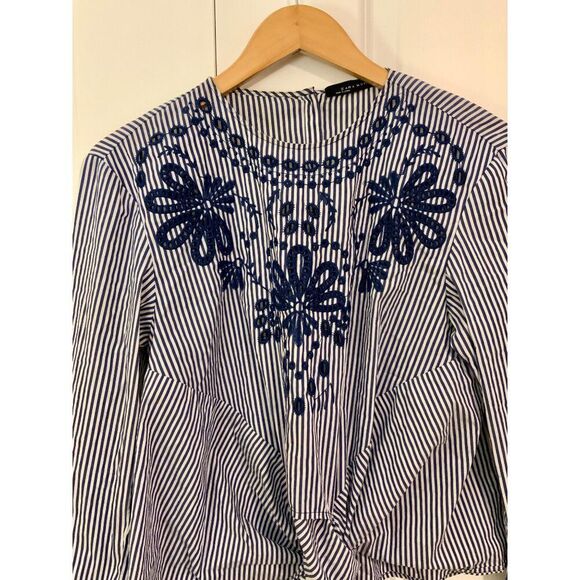 Zara Navy Blue Stripe Embroidered Tie Front Long Sleeve Top XS - Picture 3 of 10
